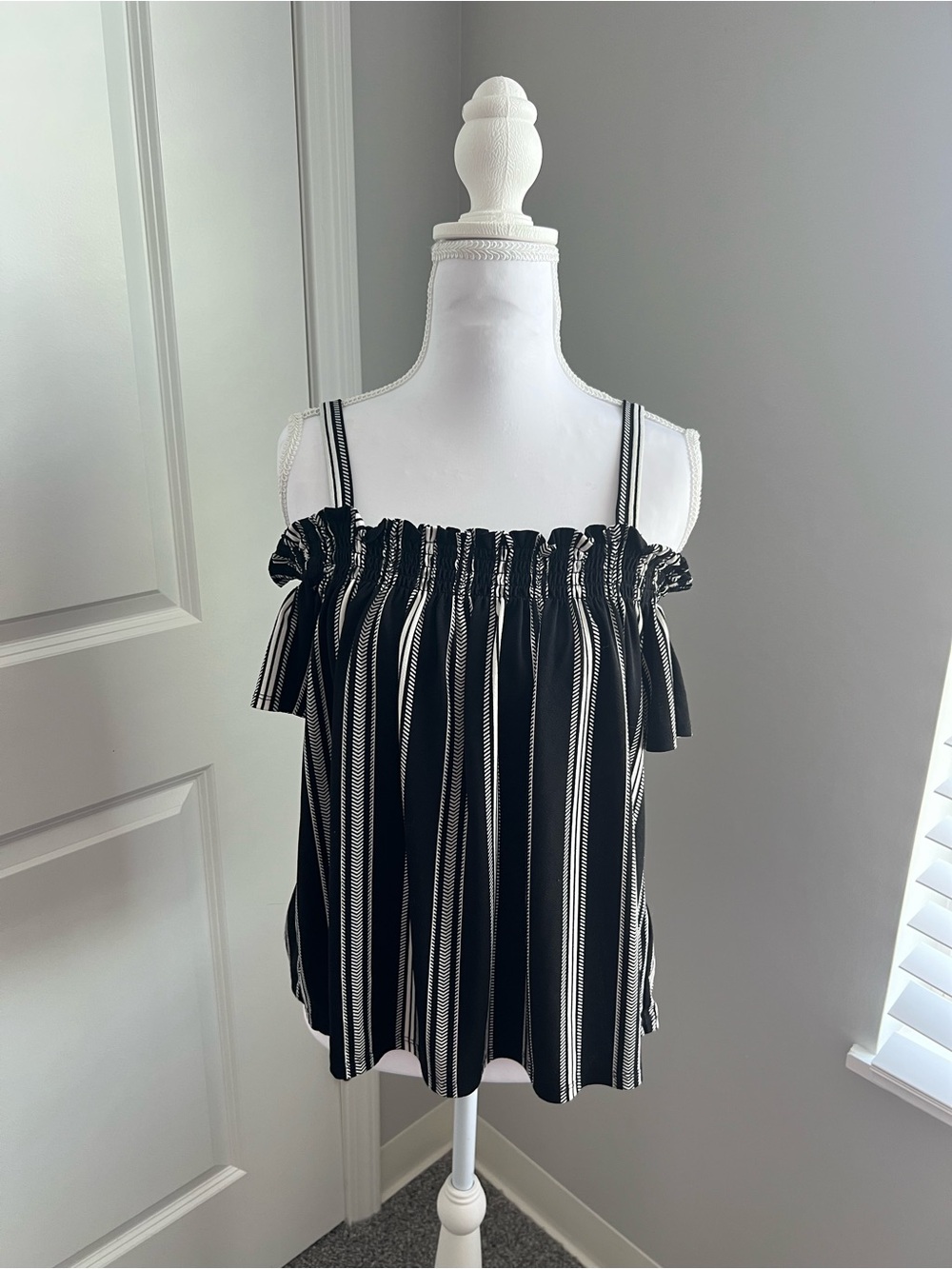 Candie's Black and White Vertical Stripe Off-Shoulder Cami